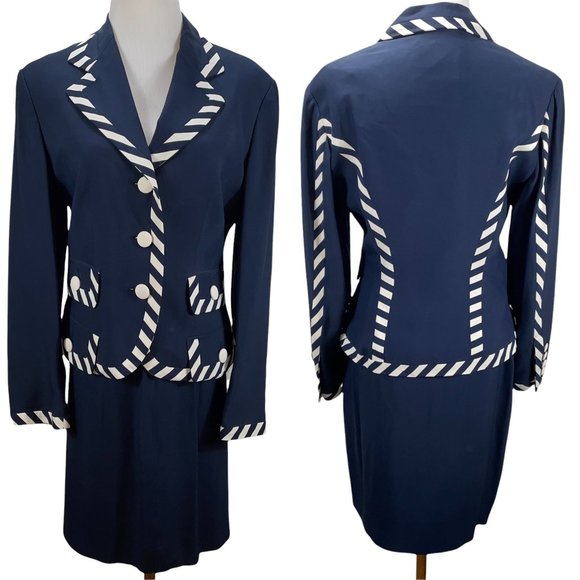 Moschino Couture Vintage Striped Trim Blue Jacket Skirt Suit IT42 Vintage - Picture 2 of 11